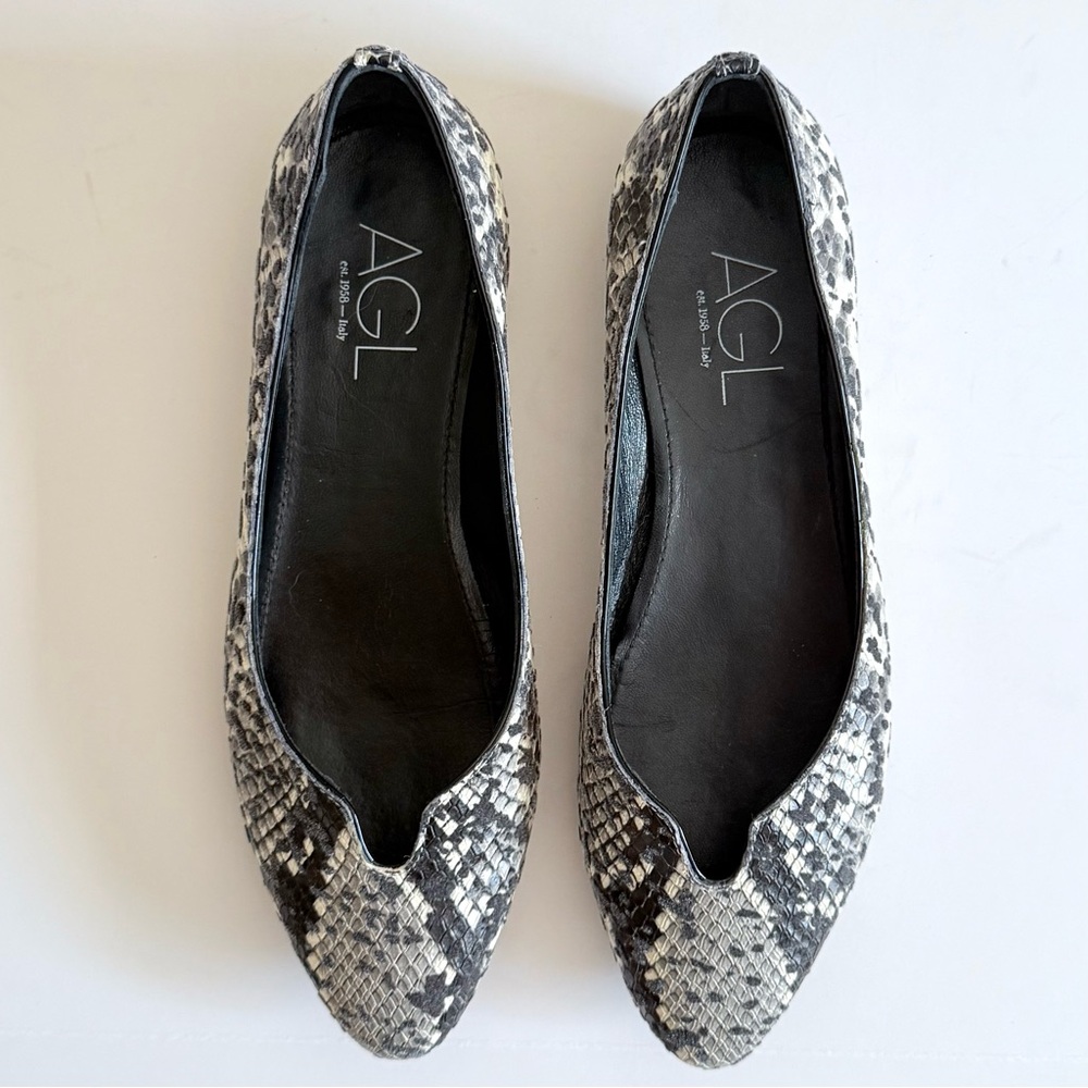 AGL Mimosa Snakeskin Embossed Flocked Leather Ballet Flats Black & Gray 38